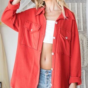BUCKETLIST Coral-Red Oversized Button-Front Shacket